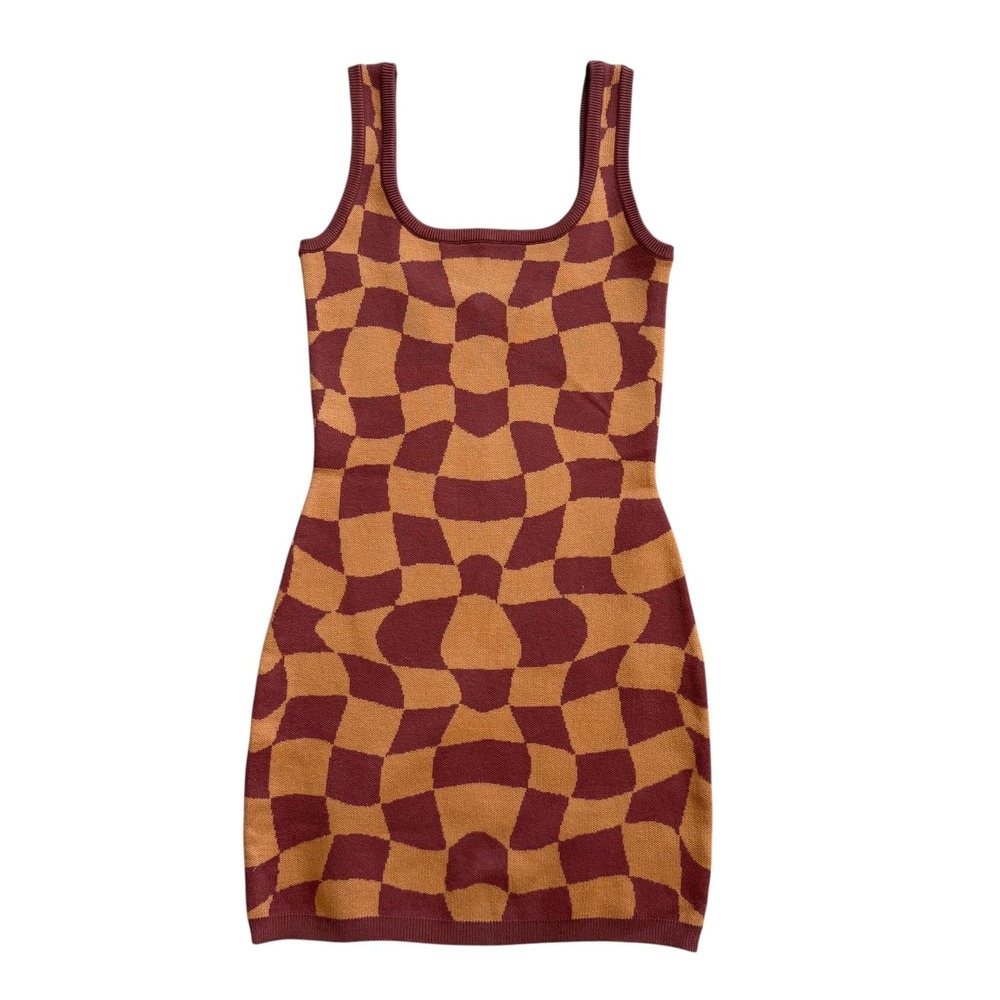 Bailey Rose Orange Burgundy Warped Checkerboard Knit‎ Mini Dress Small